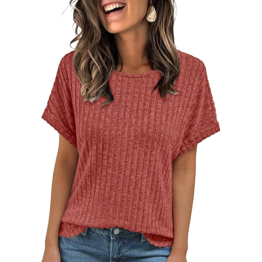 imageAUTOMET Women Textured Shirts Fall Sweaters Loose Fit Short Sleeve Tunic Tops 2025 Dressy Casual Business BlousesRed