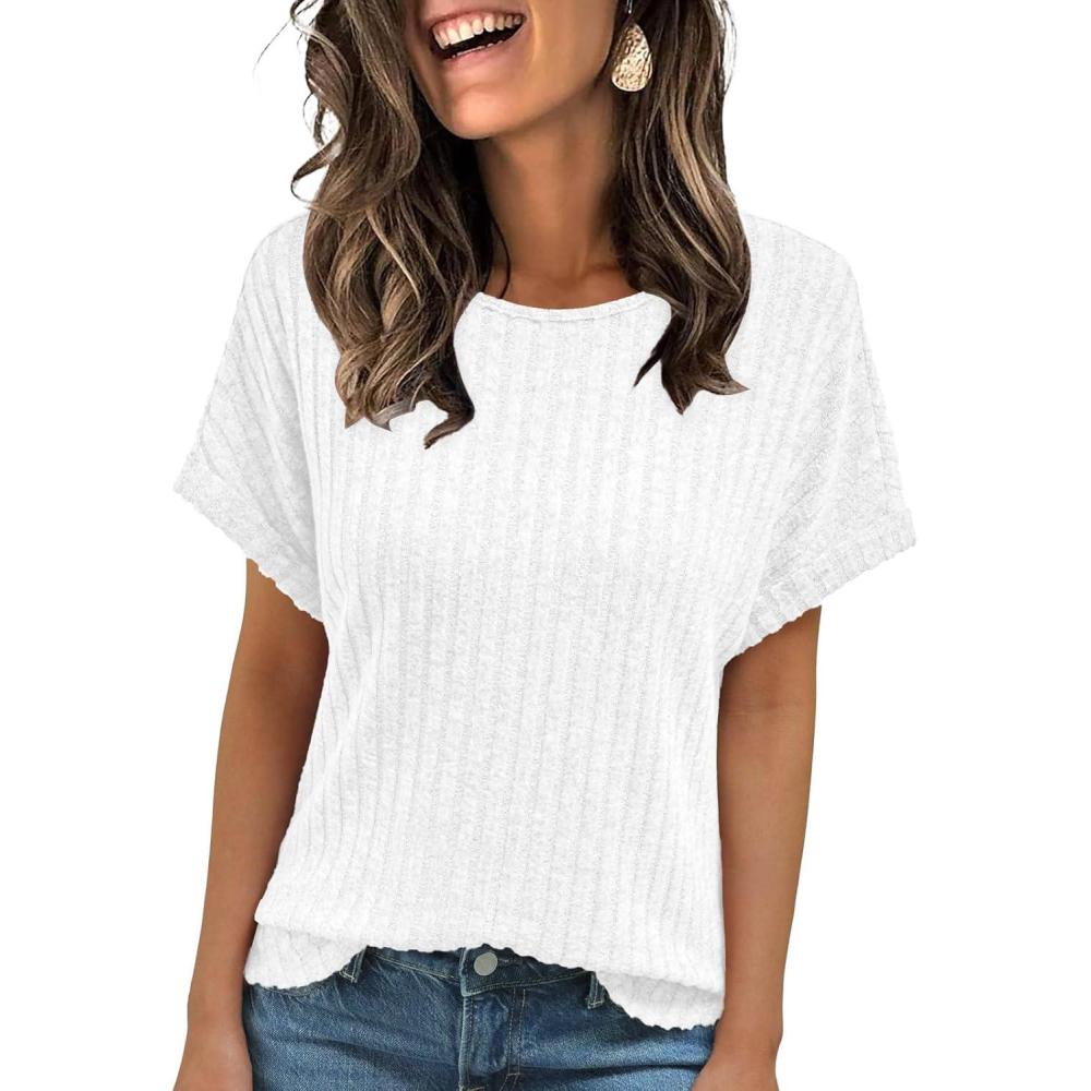 imageAUTOMET Women Textured Shirts Fall Sweaters Loose Fit Short Sleeve Tunic Tops 2025 Dressy Casual Business BlousesWhite