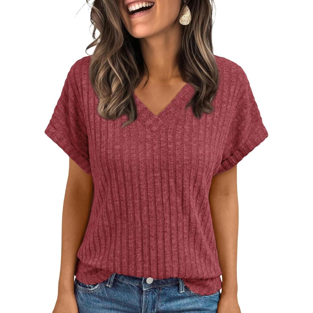 imageAUTOMET Women Tops Summer Sweaters Short Sleeve Shirts 2025 Spring Vacation Fashion Dressy Casual Business V Neck BlousesBurgundy