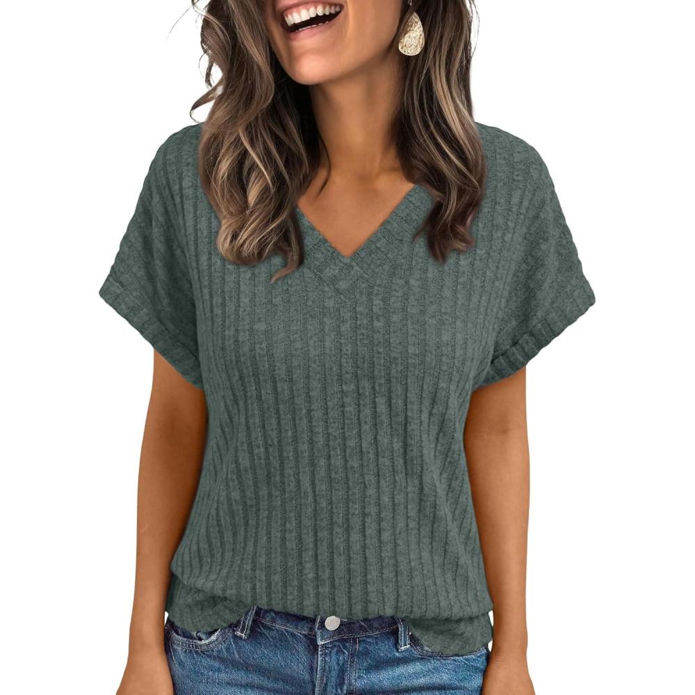 imageAUTOMET Women Tops Summer Sweaters Short Sleeve Shirts 2025 Spring Vacation Fashion Dressy Casual Business V Neck BlousesGreen