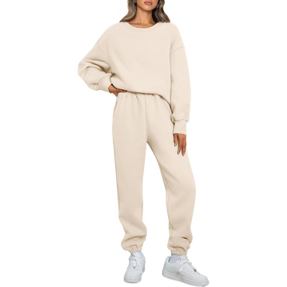 imageAUTOMET Womens 2 Piece Outfits Sweatsuit Lounge Sets Oversized Sweatshirt Baggy Sweatpants Fall Fashion with PocketsApricot