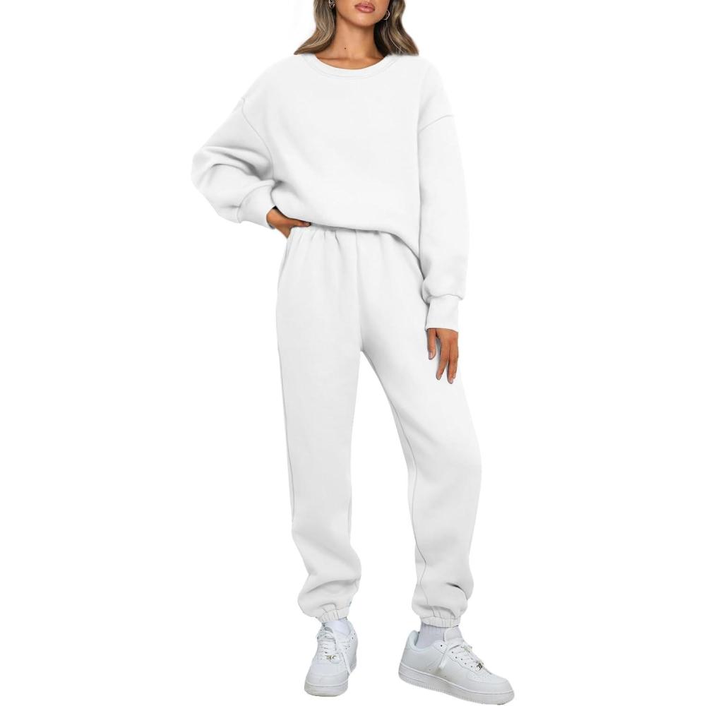 imageAUTOMET Womens 2 Piece Outfits Sweatsuit Lounge Sets Oversized Sweatshirt Baggy Sweatpants Fall Fashion with PocketsWhite