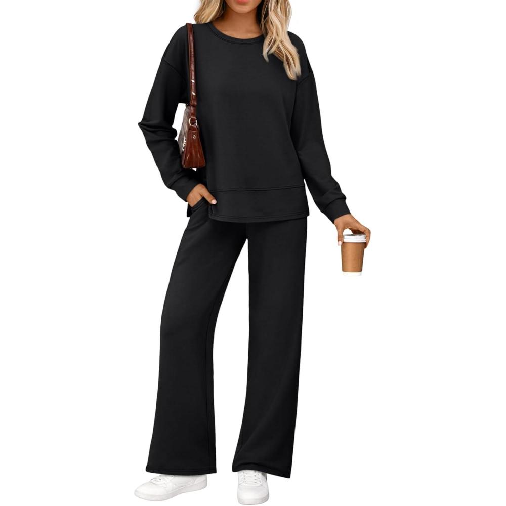 imageAUTOMET Womens 2 Piece Sweatsuits Outfit Lounge Sets Side Slit Sweatshirt Wide Leg Tracksuit Travel Loungewear with PocketsBlack