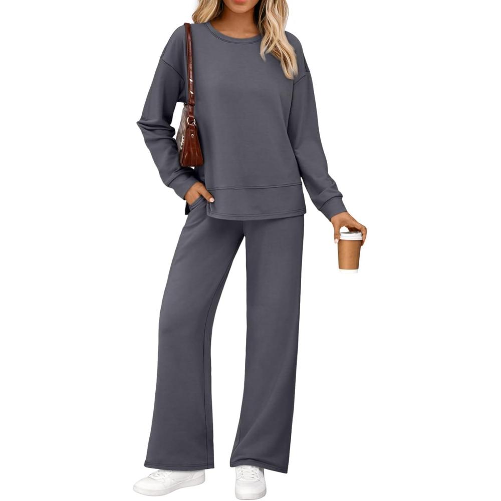 imageAUTOMET Womens 2 Piece Sweatsuits Outfit Lounge Sets Side Slit Sweatshirt Wide Leg Tracksuit Travel Loungewear with PocketsDark Grey