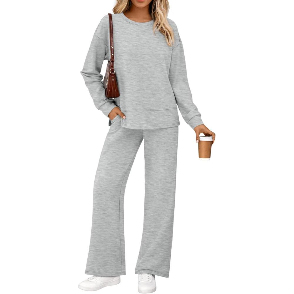 imageAUTOMET Womens 2 Piece Sweatsuits Outfit Lounge Sets Side Slit Sweatshirt Wide Leg Tracksuit Travel Loungewear with PocketsLight Grey