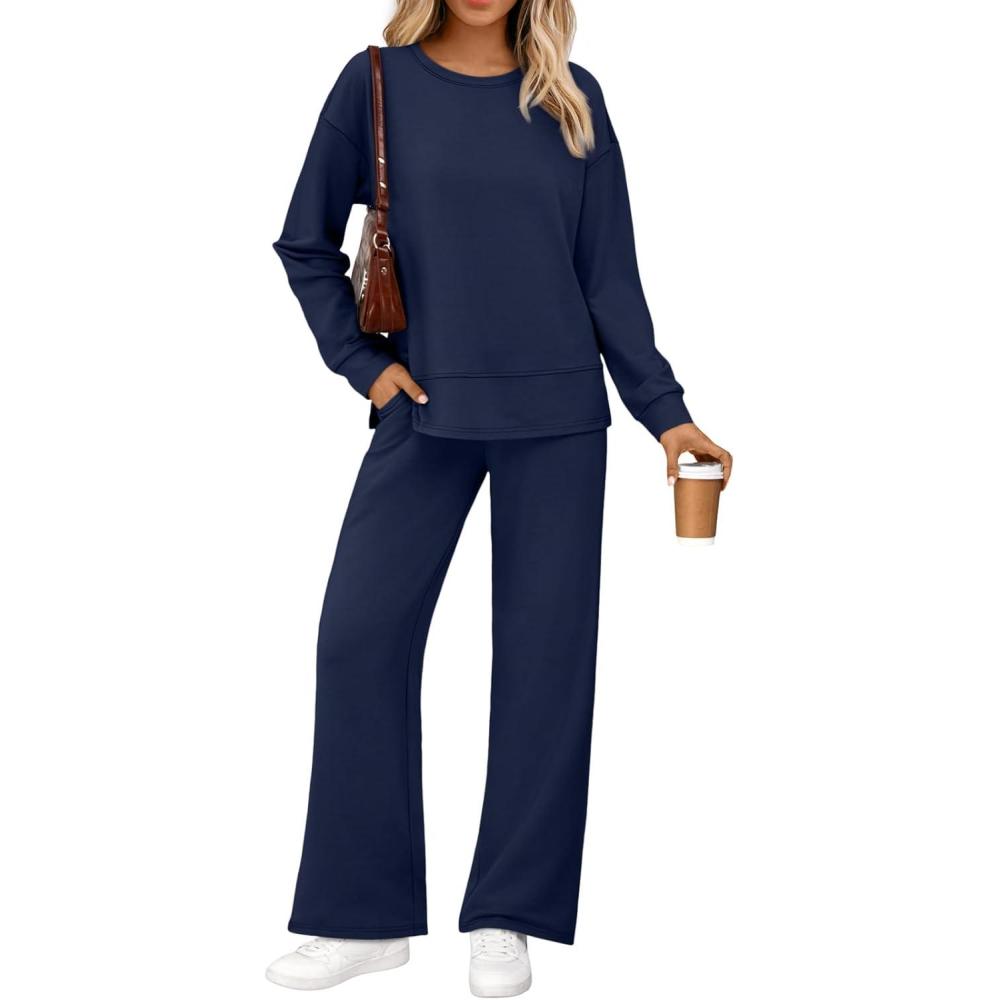 imageAUTOMET Womens 2 Piece Sweatsuits Outfit Lounge Sets Side Slit Sweatshirt Wide Leg Tracksuit Travel Loungewear with PocketsNavy Blue