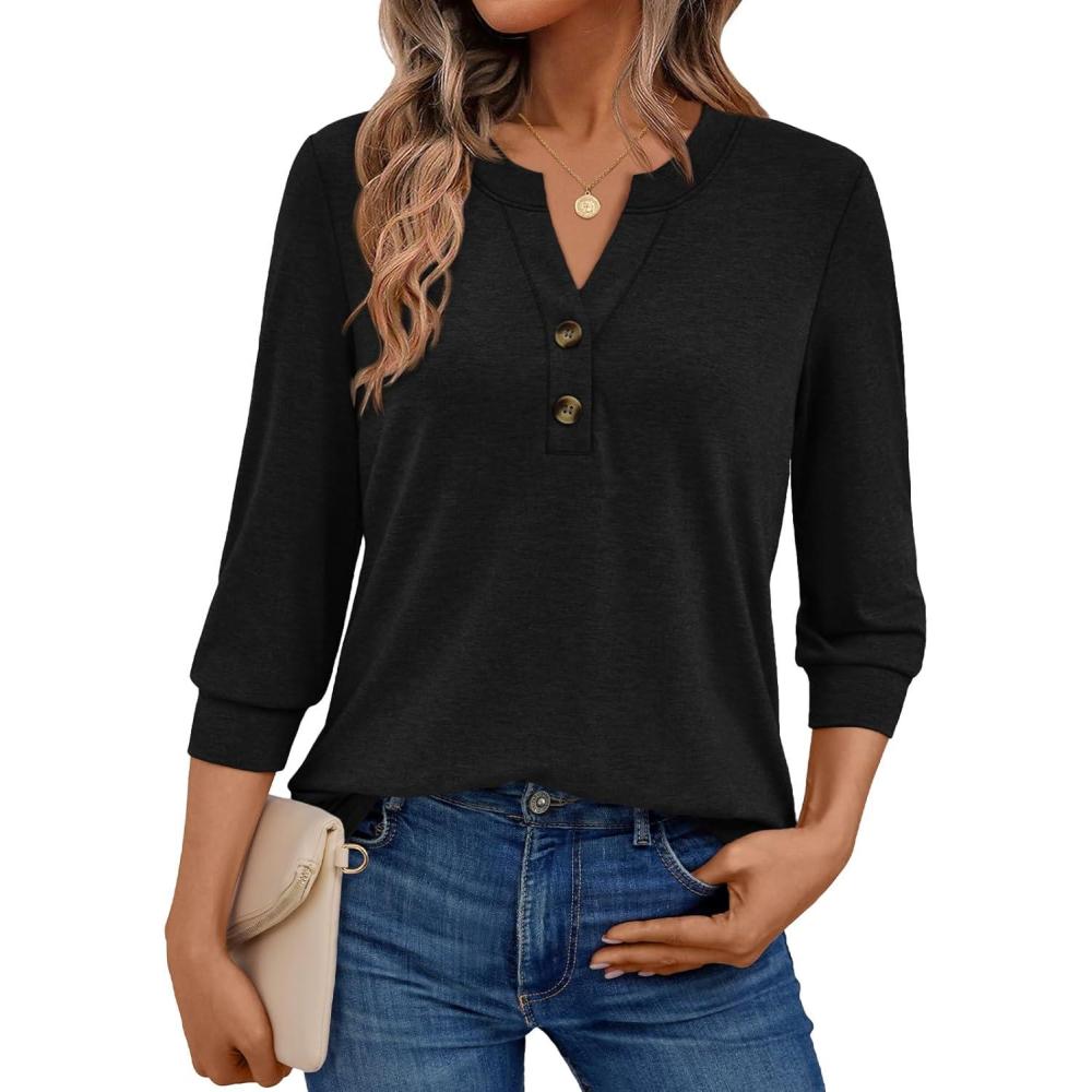 imageAUTOMET Womens Blouses Henley V Neck Shirts 34 Length Sleeve Summer TopsBlack