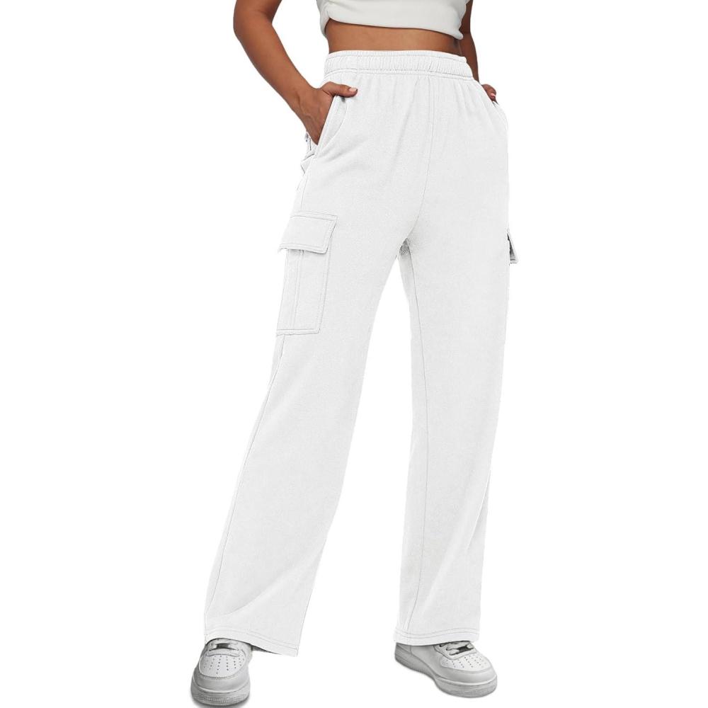 imageAUTOMET Womens Cargo Sweatpants Baggy Fleece High Waisted Joggers Sweat Pants Athletic PantsWhite