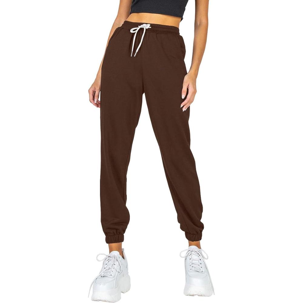 imageAUTOMET Womens Cinch Bottom Sweatpants Athletic Joggers Lounge Pants with PocketsBrown