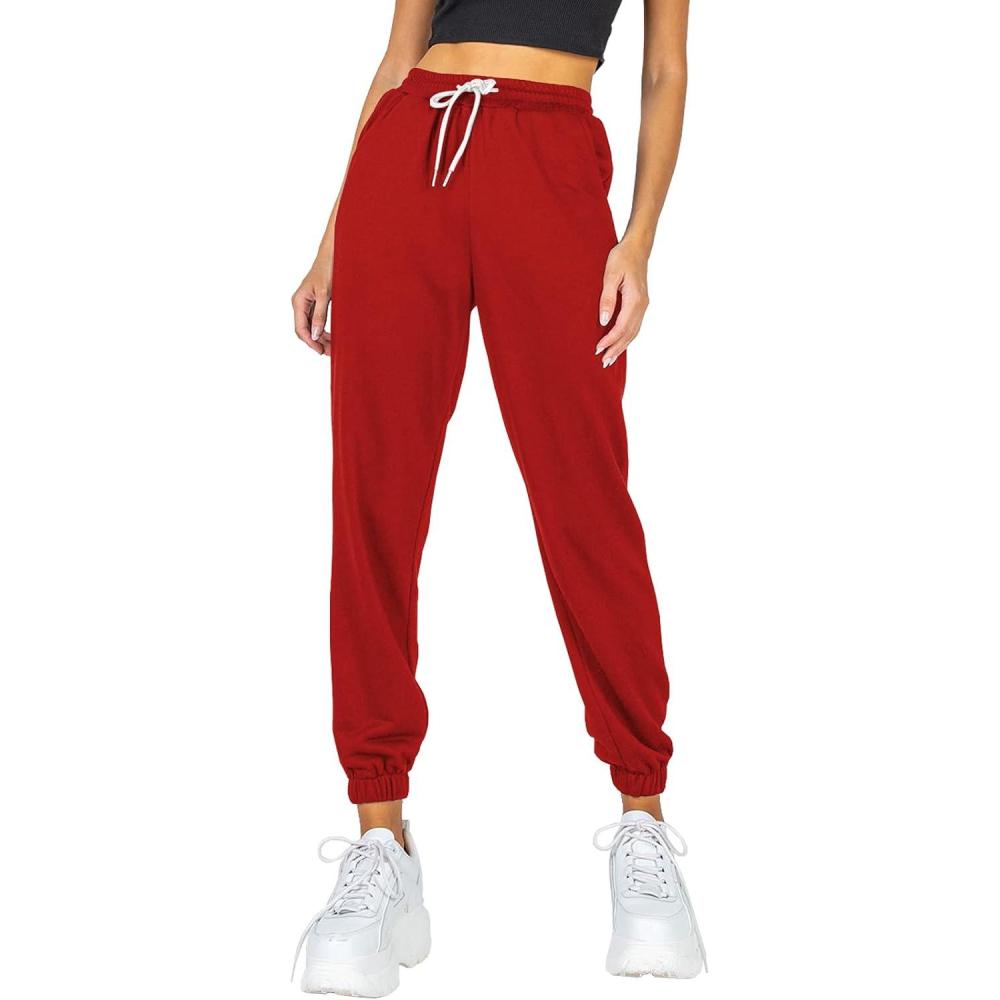 imageAUTOMET Womens Cinch Bottom Sweatpants Athletic Joggers Lounge Pants with PocketsRed