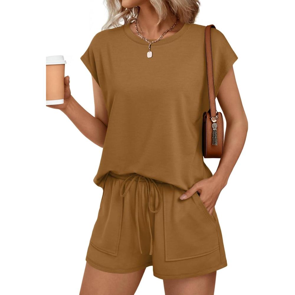 imageAUTOMET Womens Crew Neck Two Piece short Sets Cap Sleeve Drawstring Summer Sweatsuit with PocketCamel