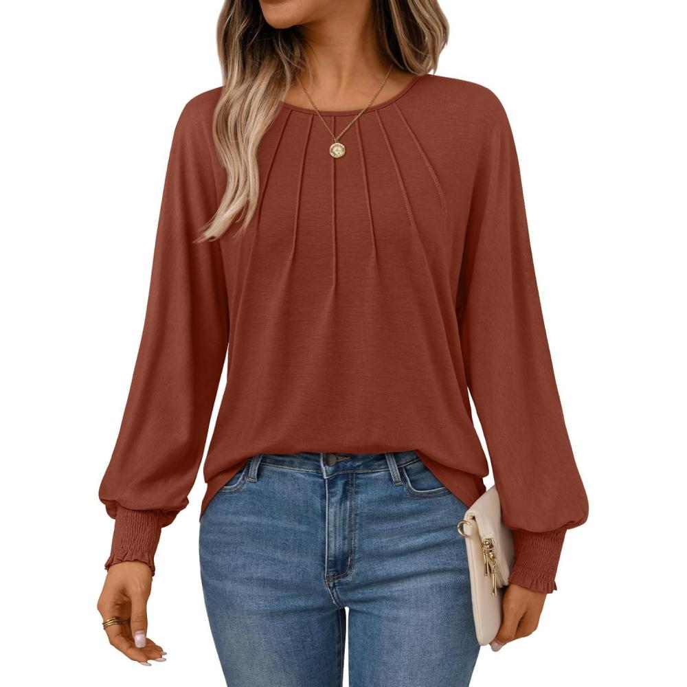 imageAUTOMET Womens Fall Fashion Long Sleeve Shirts Dressy Casual Pleated Basic Trendy Tops Winter Clothes 2025Caramel