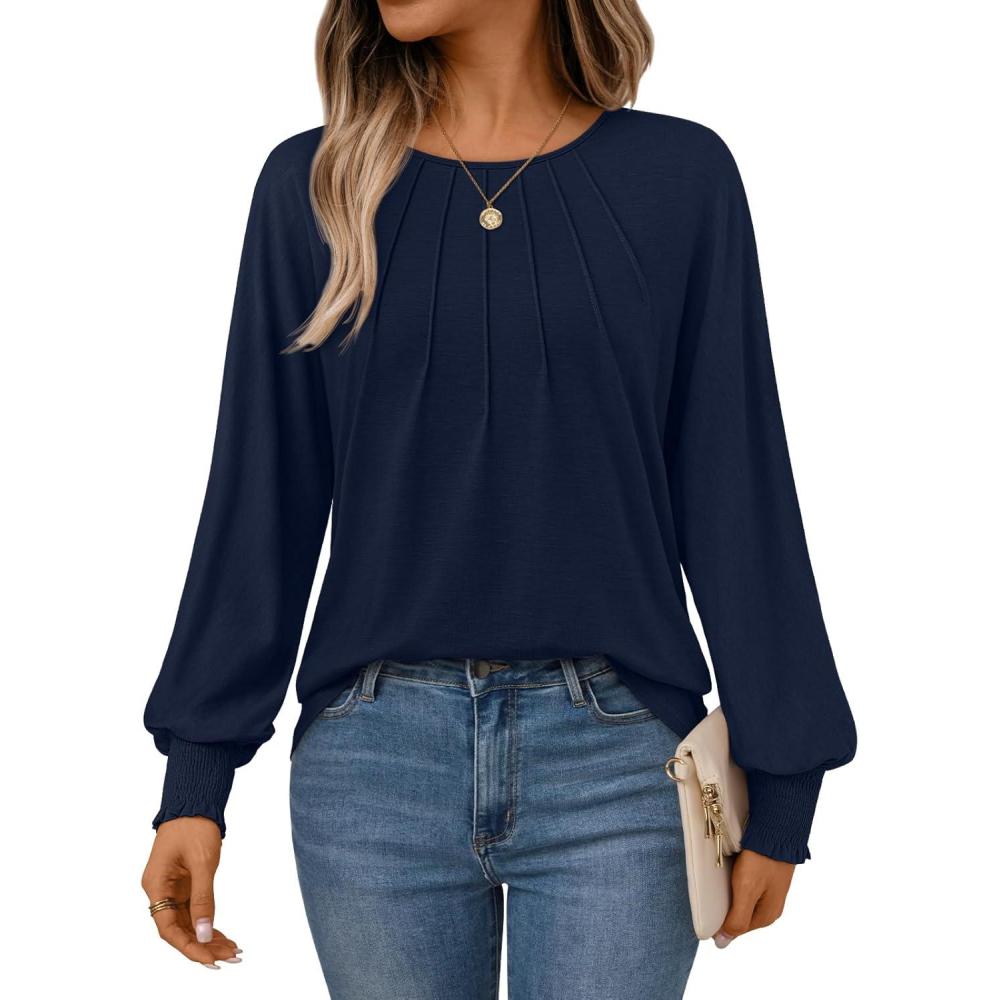 imageAUTOMET Womens Fall Fashion Long Sleeve Shirts Dressy Casual Pleated Basic Trendy Tops Winter Clothes 2025Navy