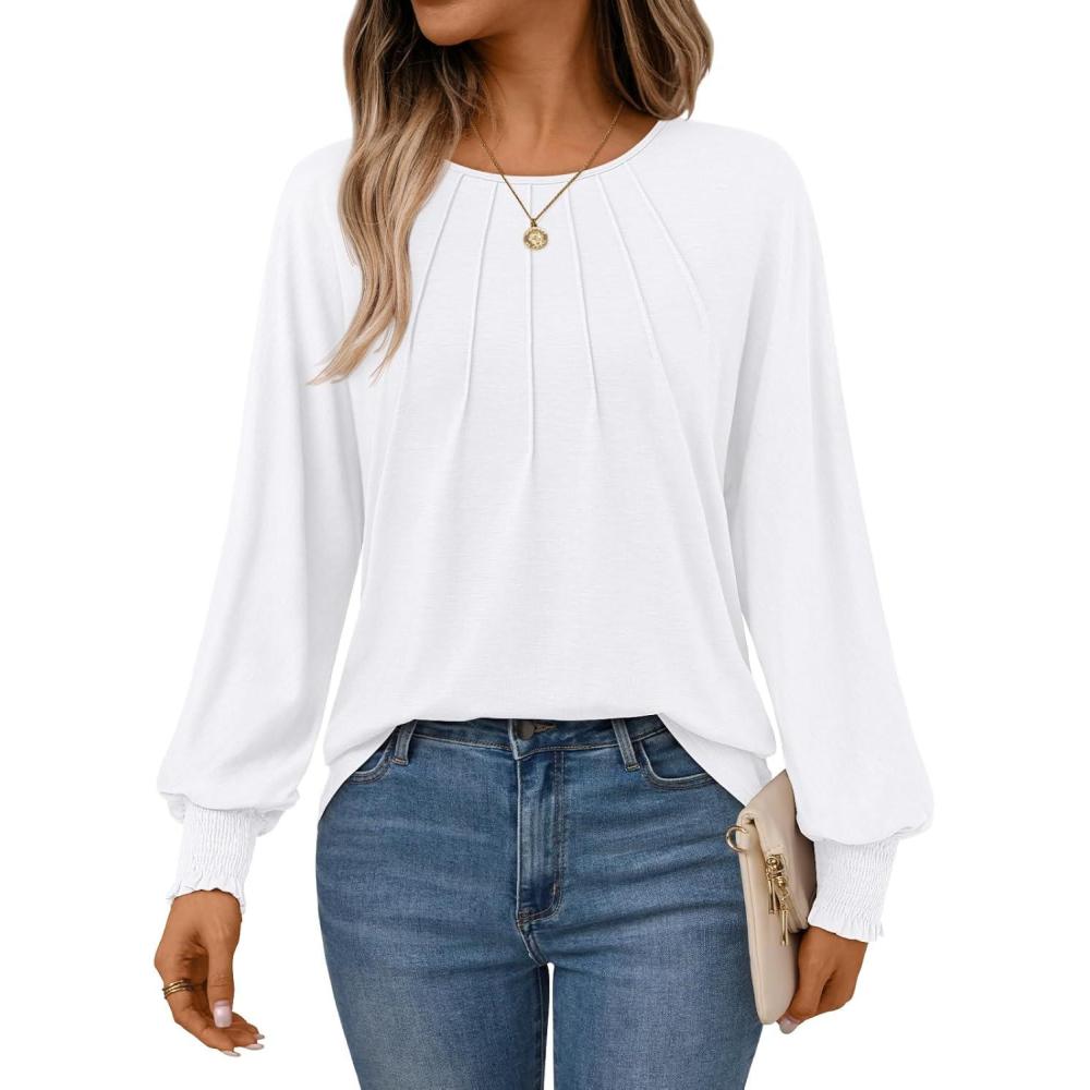 imageAUTOMET Womens Fall Fashion Long Sleeve Shirts Dressy Casual Pleated Basic Trendy Tops Winter Clothes 2025White