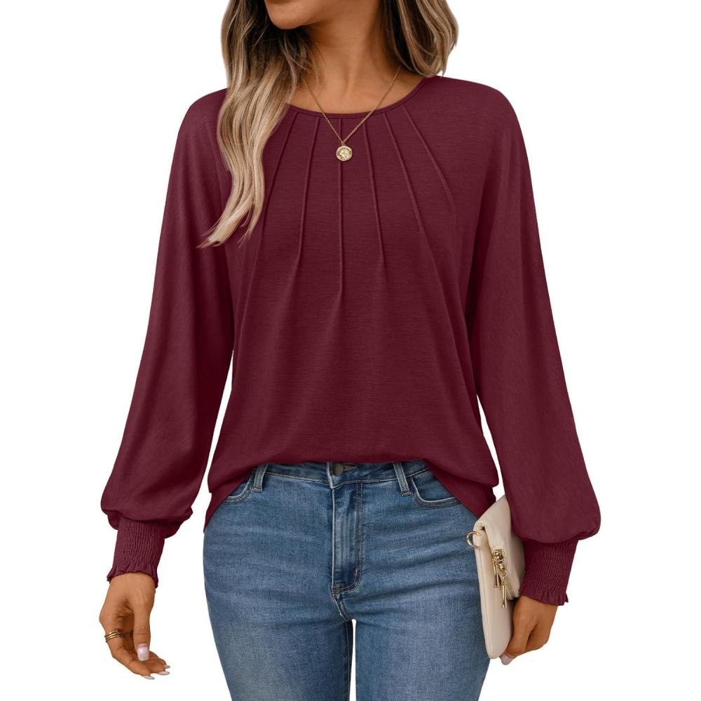 imageAUTOMET Womens Fall Fashion Long Sleeve Shirts Dressy Casual Pleated Basic Trendy Tops Winter Clothes 2025Wine Red