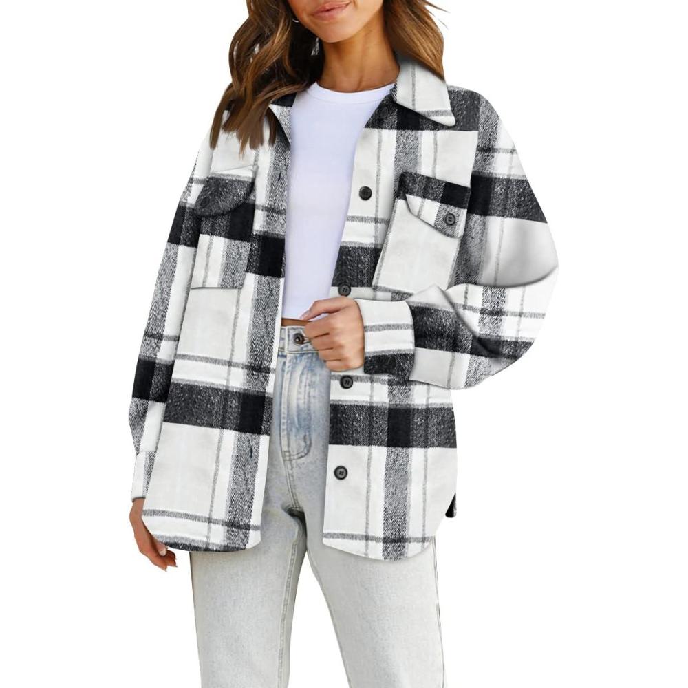 imageAUTOMET Womens Fall Outfits Fashion Clothes Shackets Flannel Plaid Button Down Long Sleeve Shirts JacketsBlackwhite