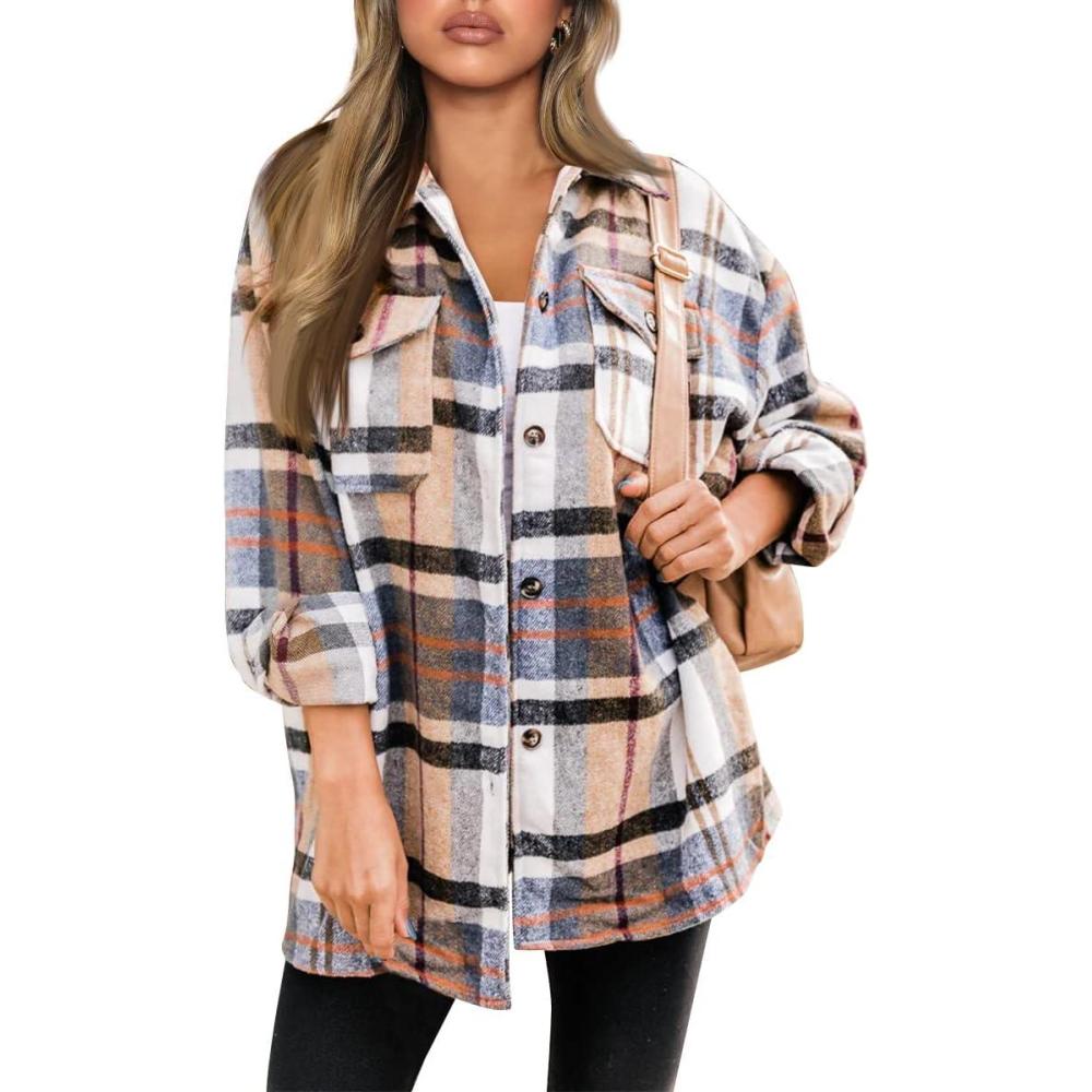 imageAUTOMET Womens Fall Outfits Fashion Clothes Shackets Flannel Plaid Button Down Long Sleeve Shirts JacketsBluebrown