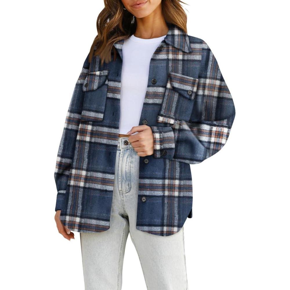 imageAUTOMET Womens Fall Outfits Fashion Clothes Shackets Flannel Plaid Button Down Long Sleeve Shirts JacketsBluegrey