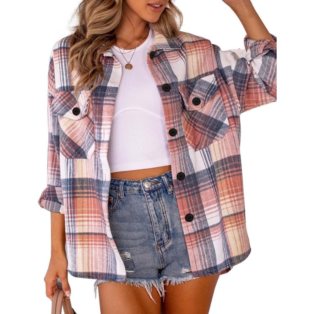 imageAUTOMET Womens Fall Outfits Fashion Clothes Shackets Flannel Plaid Button Down Long Sleeve Shirts JacketsBluepink