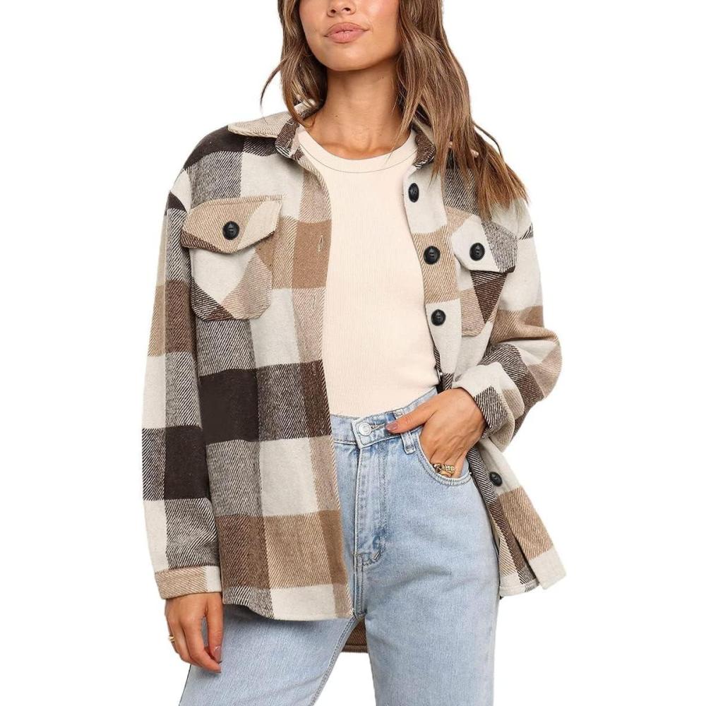 imageAUTOMET Womens Fall Outfits Fashion Clothes Shackets Flannel Plaid Button Down Long Sleeve Shirts JacketsBrown