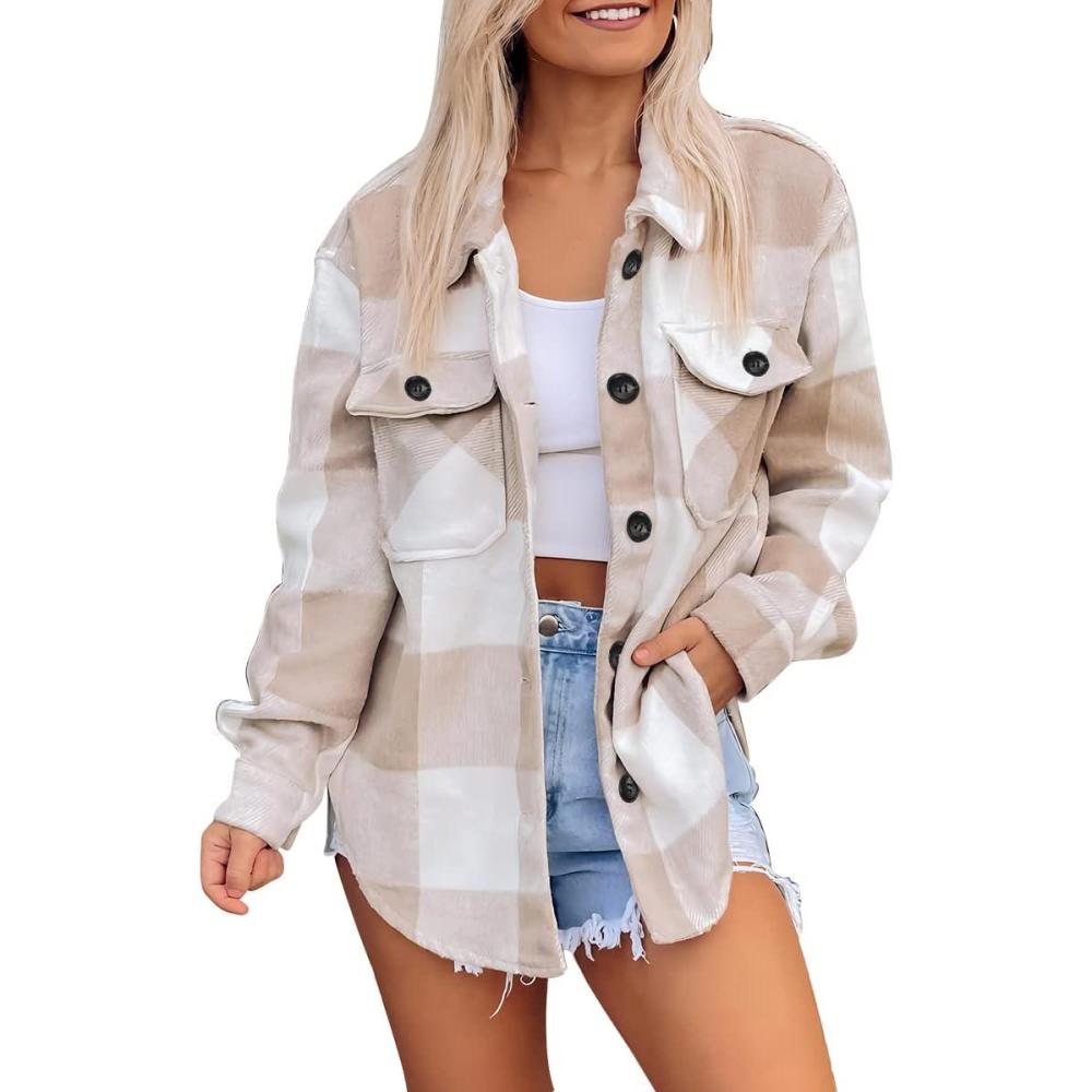 imageAUTOMET Womens Fall Outfits Fashion Clothes Shackets Flannel Plaid Button Down Long Sleeve Shirts JacketsBrownwhite