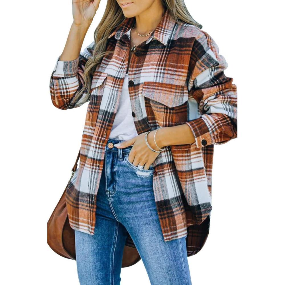 imageAUTOMET Womens Fall Outfits Fashion Clothes Shackets Flannel Plaid Button Down Long Sleeve Shirts JacketsOrange