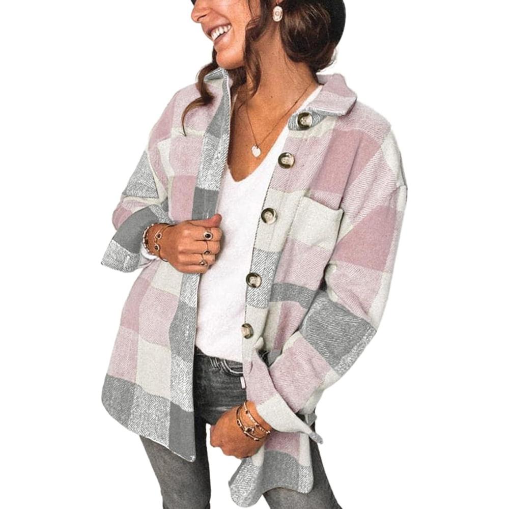 imageAUTOMET Womens Fall Outfits Fashion Clothes Shackets Flannel Plaid Button Down Long Sleeve Shirts JacketsPinkgrey