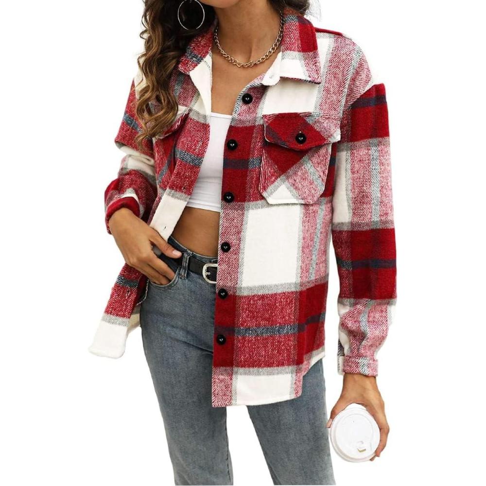 imageAUTOMET Womens Fall Outfits Fashion Clothes Shackets Flannel Plaid Button Down Long Sleeve Shirts JacketsRed