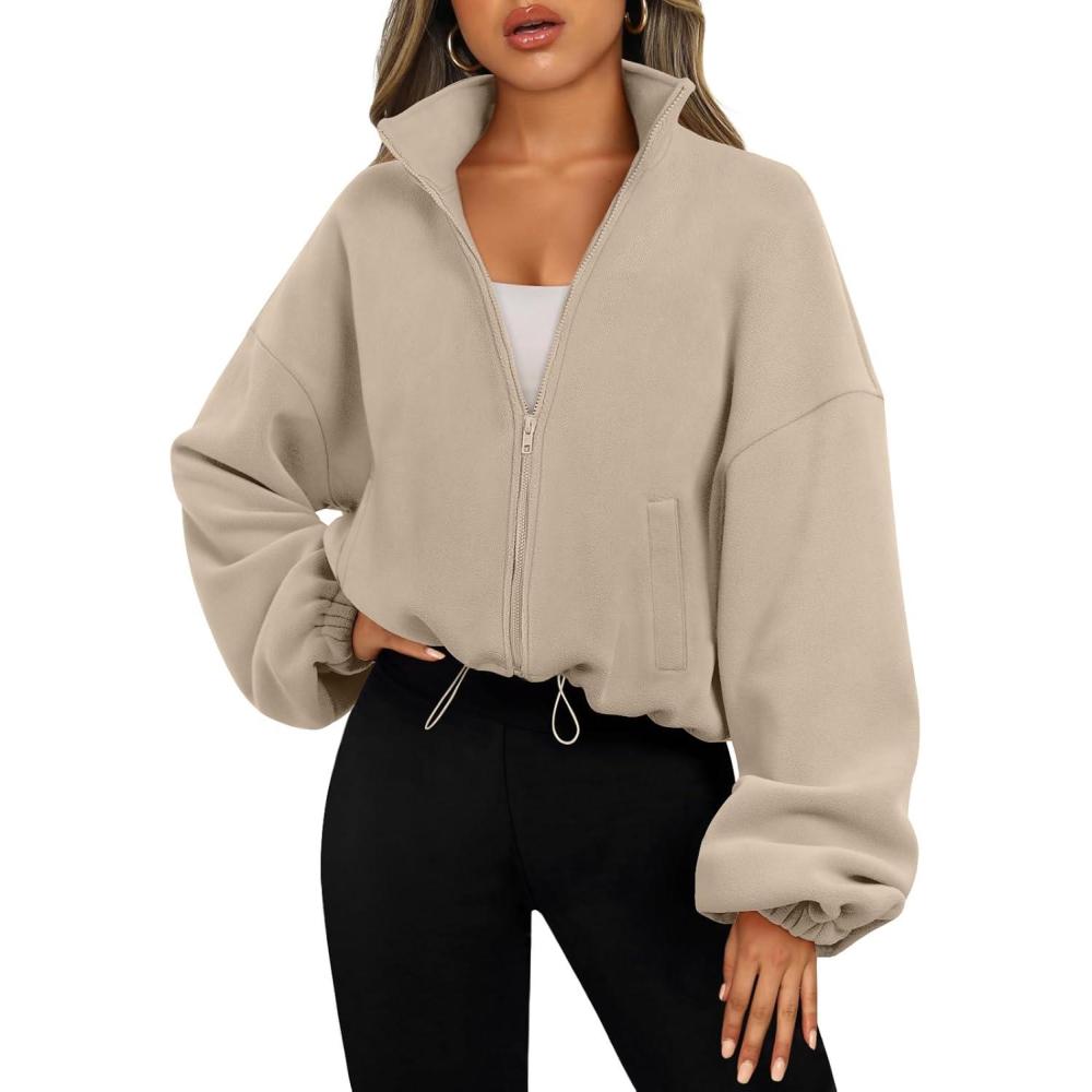 imageAUTOMET Womens Fleece Jackets Zip Up Oversized Sweatshirts Winter Clothes Long Sleeve Crop Sherpa Fall Outfits FashionKhaki