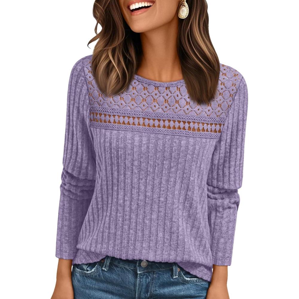 imageAUTOMET Womens Lace Long Sleeve Shirt Fall Top Fashion Dreesy Casual Tunic Sweaters Mesh Clothes Trendy Work Cute OutfitsPurple