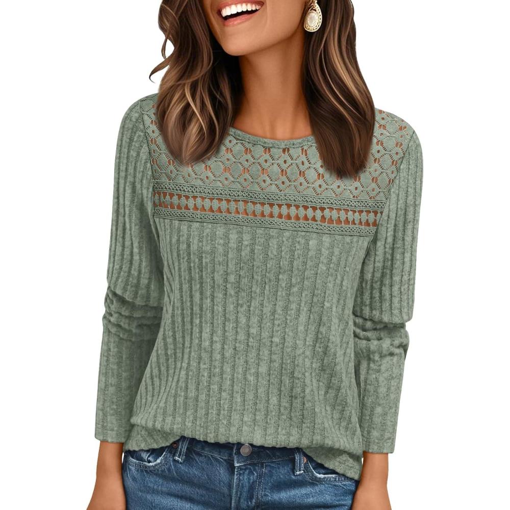imageAUTOMET Womens Lace Long Sleeve Shirt Fall Top Fashion Dreesy Casual Tunic Sweaters Mesh Clothes Trendy Work Cute OutfitsSagegreen