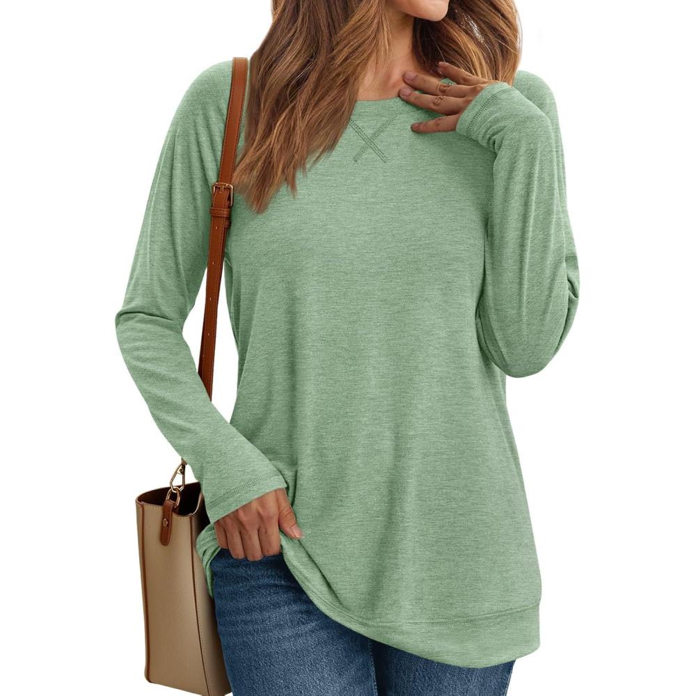imageAUTOMET Womens Long Sleeve Crewneck Shirts Fall Winter Casual Work Tops Loose Fit Clothes Trendy Basic Outfits 2025Light Green