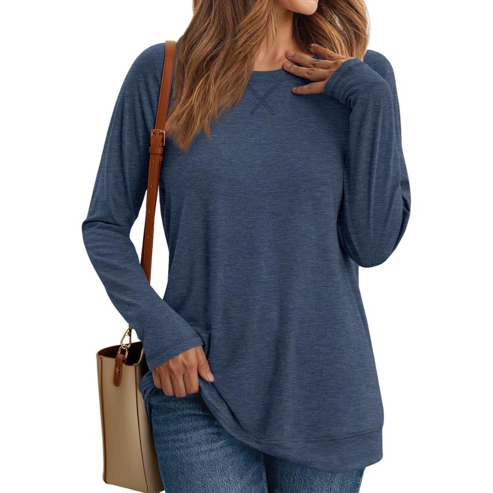 imageAUTOMET Womens Long Sleeve Crewneck Shirts Fall Winter Casual Work Tops Loose Fit Clothes Trendy Basic Outfits 2025Navy