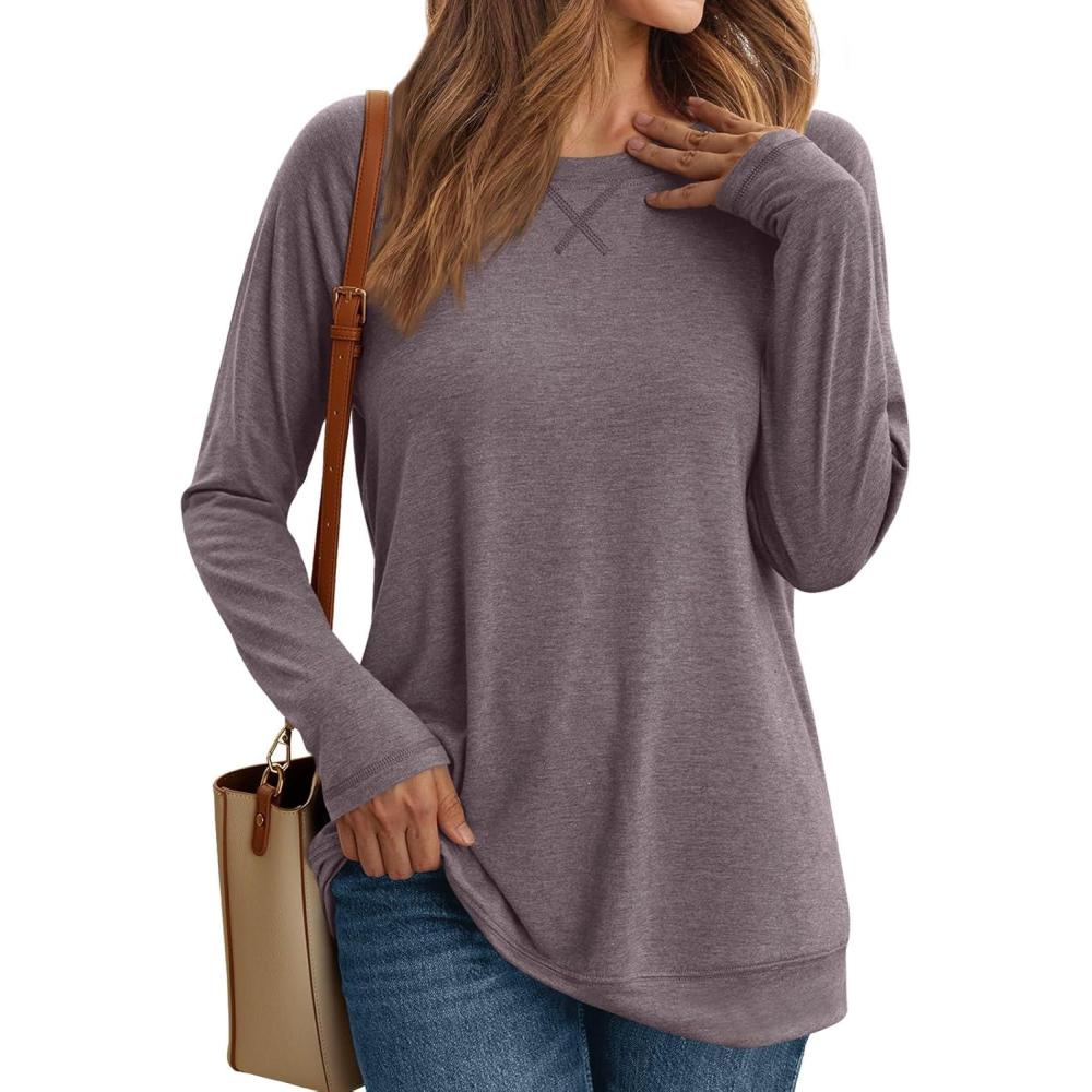 imageAUTOMET Womens Long Sleeve Crewneck Shirts Fall Winter Casual Work Tops Loose Fit Clothes Trendy Basic Outfits 2025Rose Taupe