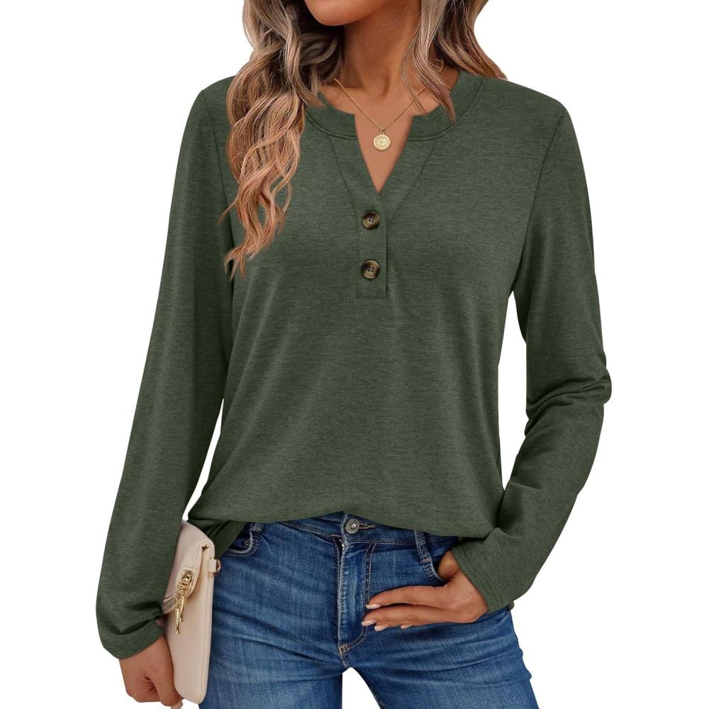 imageAUTOMET Womens Long Sleeve Shirts 2025 Fall Fashion Dressy Casual Tops Trendy Henley Blouses Cute Work Outfits ClothesArmy Green