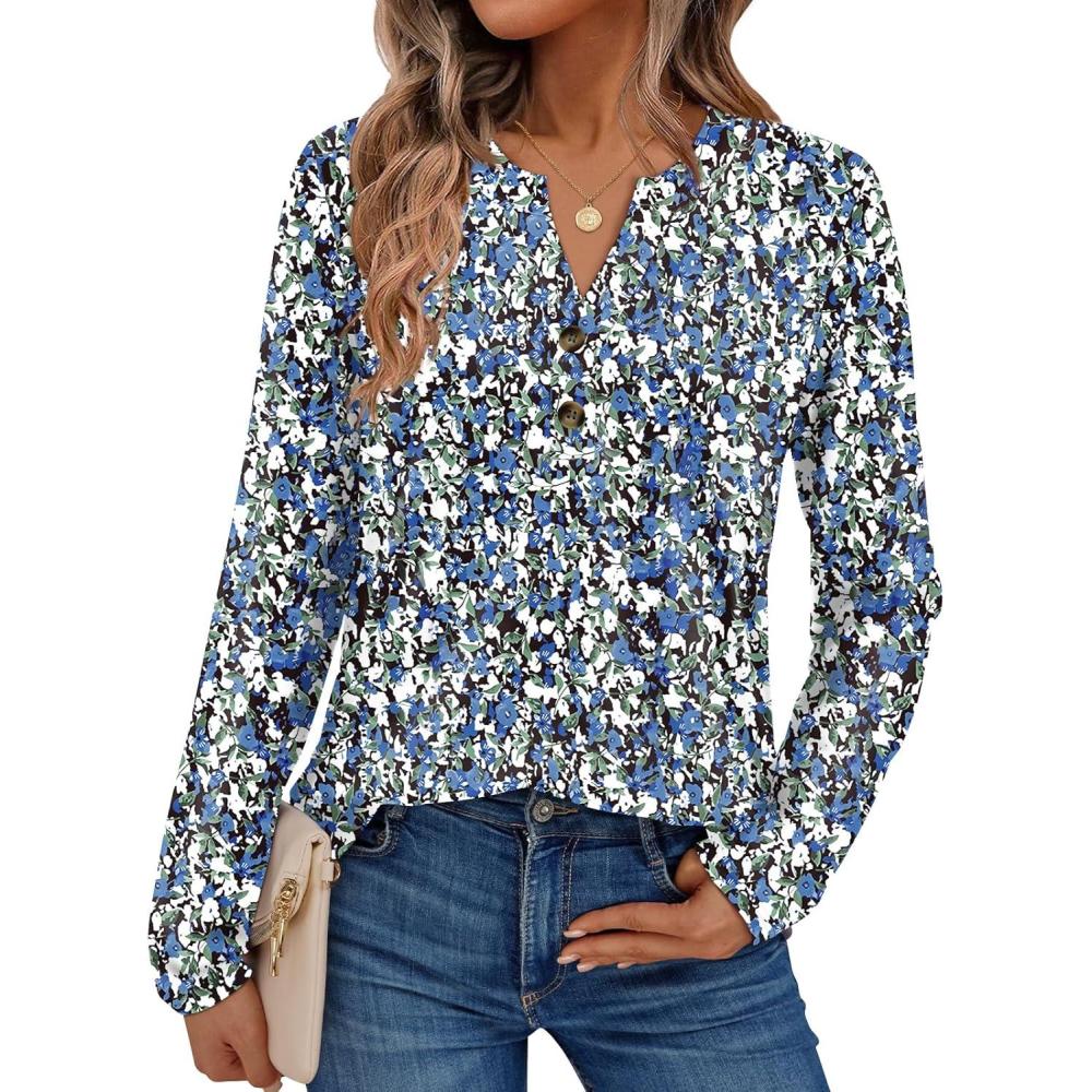 imageAUTOMET Womens Long Sleeve Shirts 2025 Fall Fashion Dressy Casual Tops Trendy Henley Blouses Cute Work Outfits ClothesBlue Floral