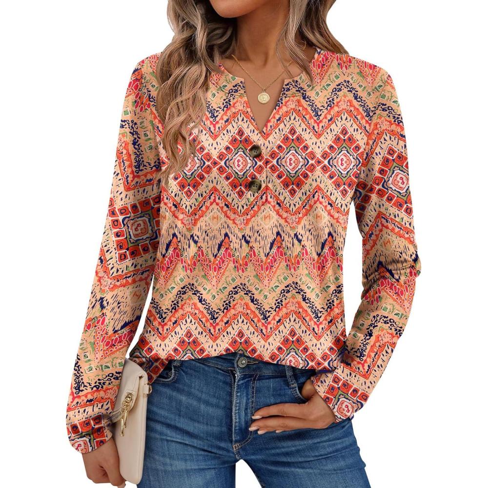 imageAUTOMET Womens Long Sleeve Shirts 2025 Fall Fashion Dressy Casual Tops Trendy Henley Blouses Cute Work Outfits ClothesBoho Orange