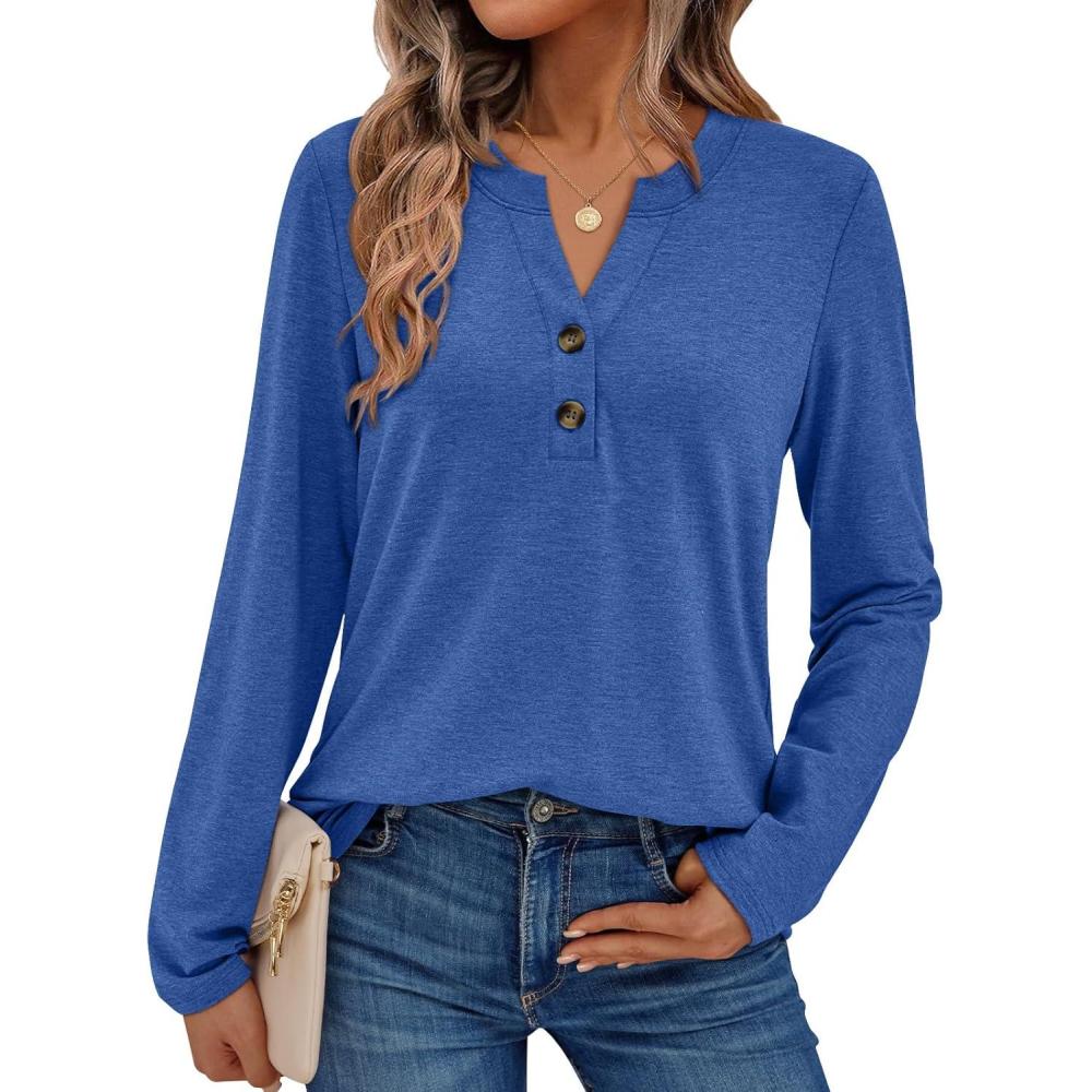 imageAUTOMET Womens Long Sleeve Shirts 2025 Fall Fashion Dressy Casual Tops Trendy Henley Blouses Cute Work Outfits ClothesBright Blue