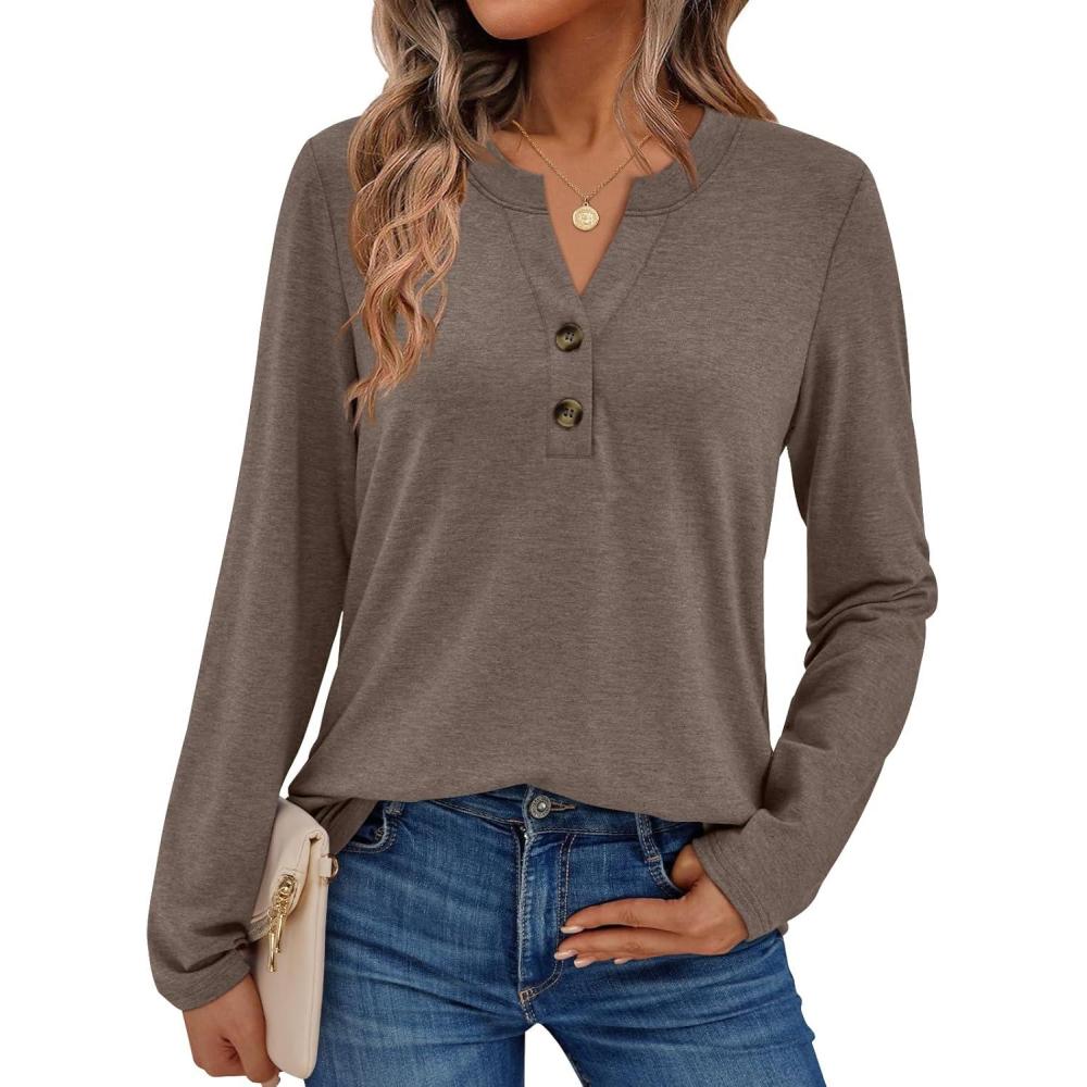 imageAUTOMET Womens Long Sleeve Shirts 2025 Fall Fashion Dressy Casual Tops Trendy Henley Blouses Cute Work Outfits ClothesCoffee Grey