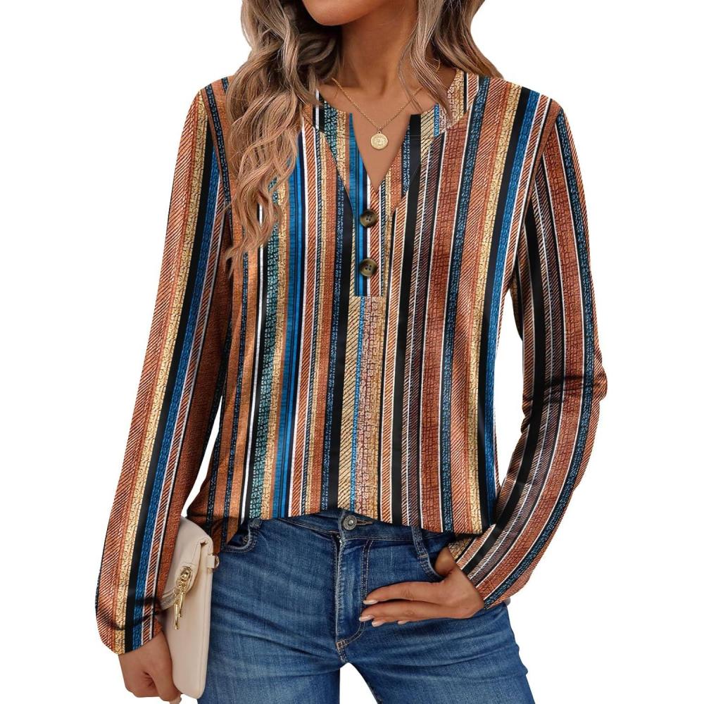 imageAUTOMET Womens Long Sleeve Shirts 2025 Fall Fashion Dressy Casual Tops Trendy Henley Blouses Cute Work Outfits ClothesColorful Stripe