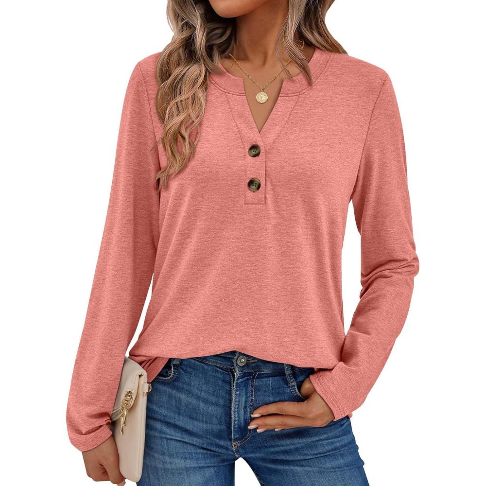 imageAUTOMET Womens Long Sleeve Shirts 2025 Fall Fashion Dressy Casual Tops Trendy Henley Blouses Cute Work Outfits ClothesCoral