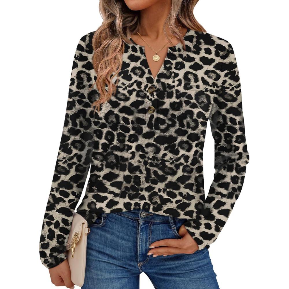 imageAUTOMET Womens Long Sleeve Shirts 2025 Fall Fashion Dressy Casual Tops Trendy Henley Blouses Cute Work Outfits ClothesGray Leopard