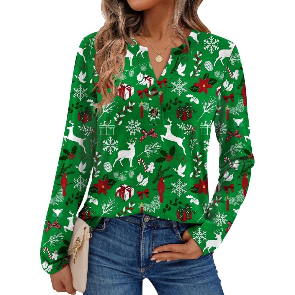 imageAUTOMET Womens Long Sleeve Shirts 2025 Fall Fashion Dressy Casual Tops Trendy Henley Blouses Cute Work Outfits ClothesGreen Christmas Print