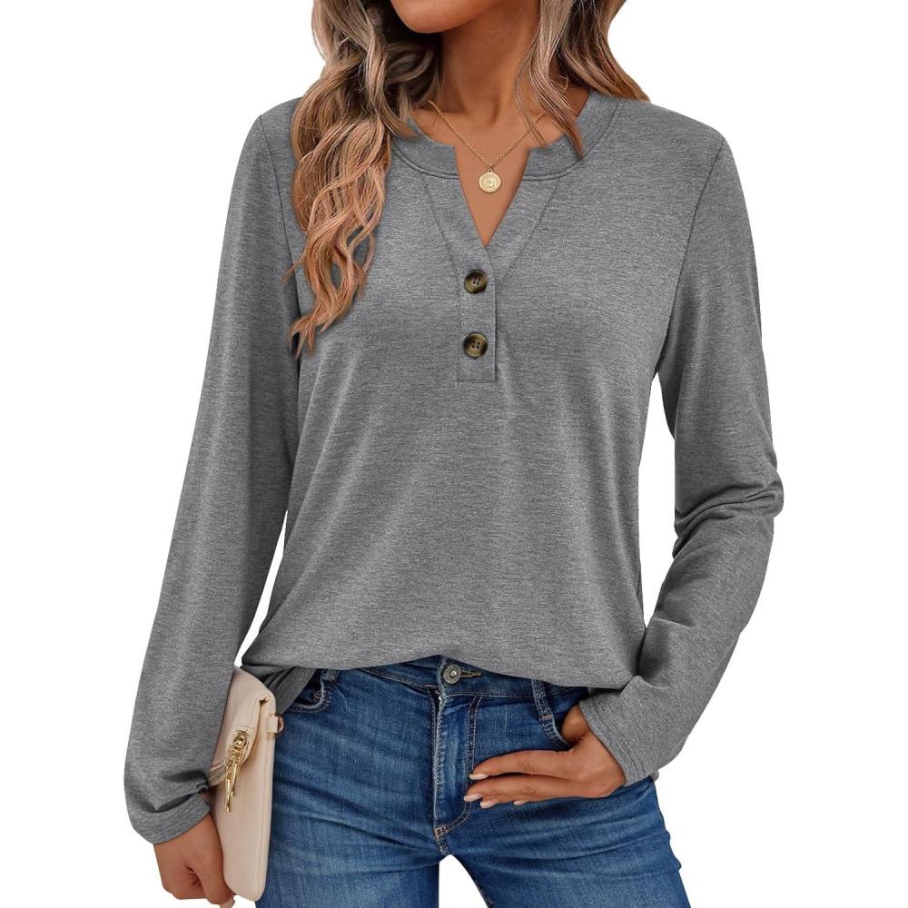 imageAUTOMET Womens Long Sleeve Shirts 2025 Fall Fashion Dressy Casual Tops Trendy Henley Blouses Cute Work Outfits ClothesGrey