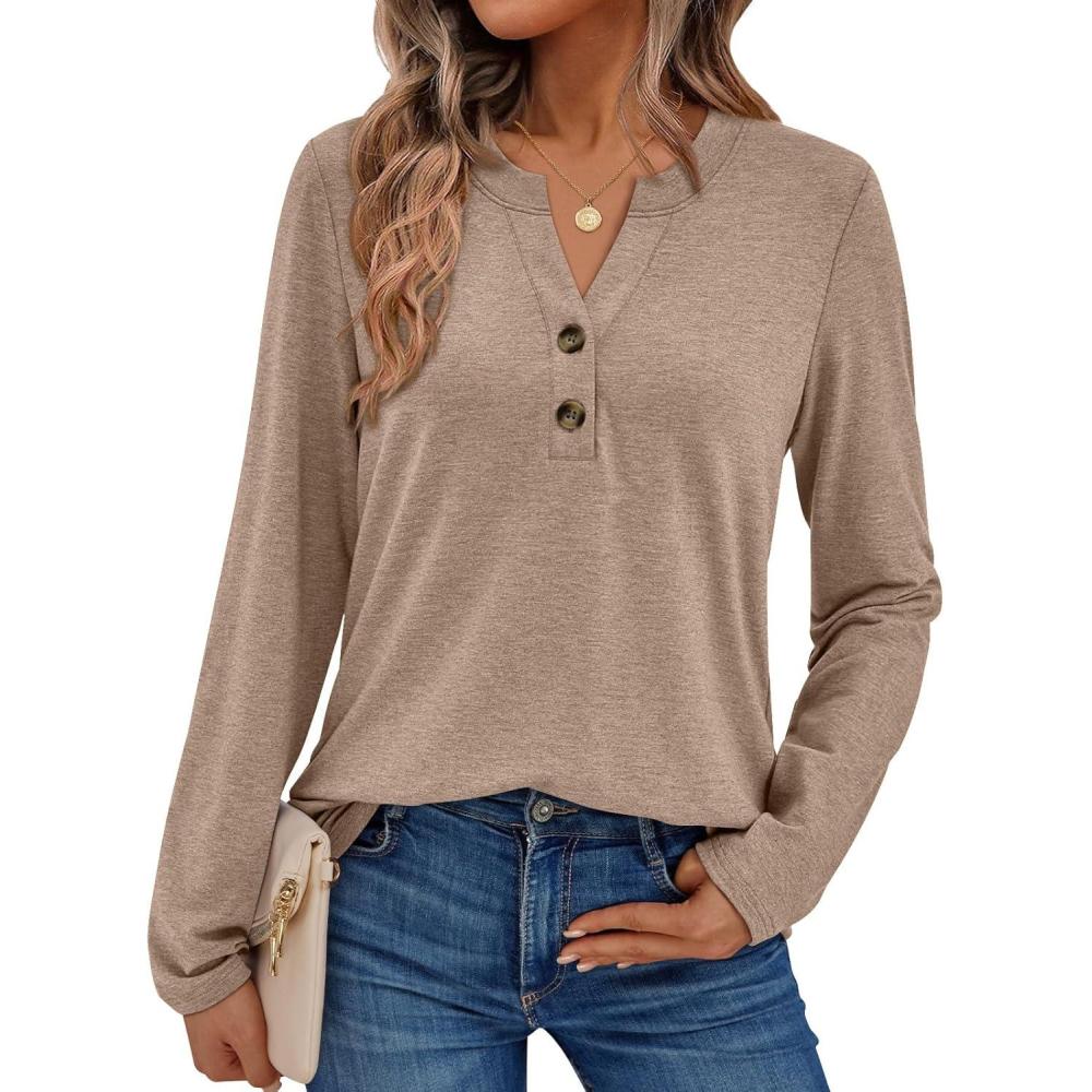 imageAUTOMET Womens Long Sleeve Shirts 2025 Fall Fashion Dressy Casual Tops Trendy Henley Blouses Cute Work Outfits ClothesKhaki
