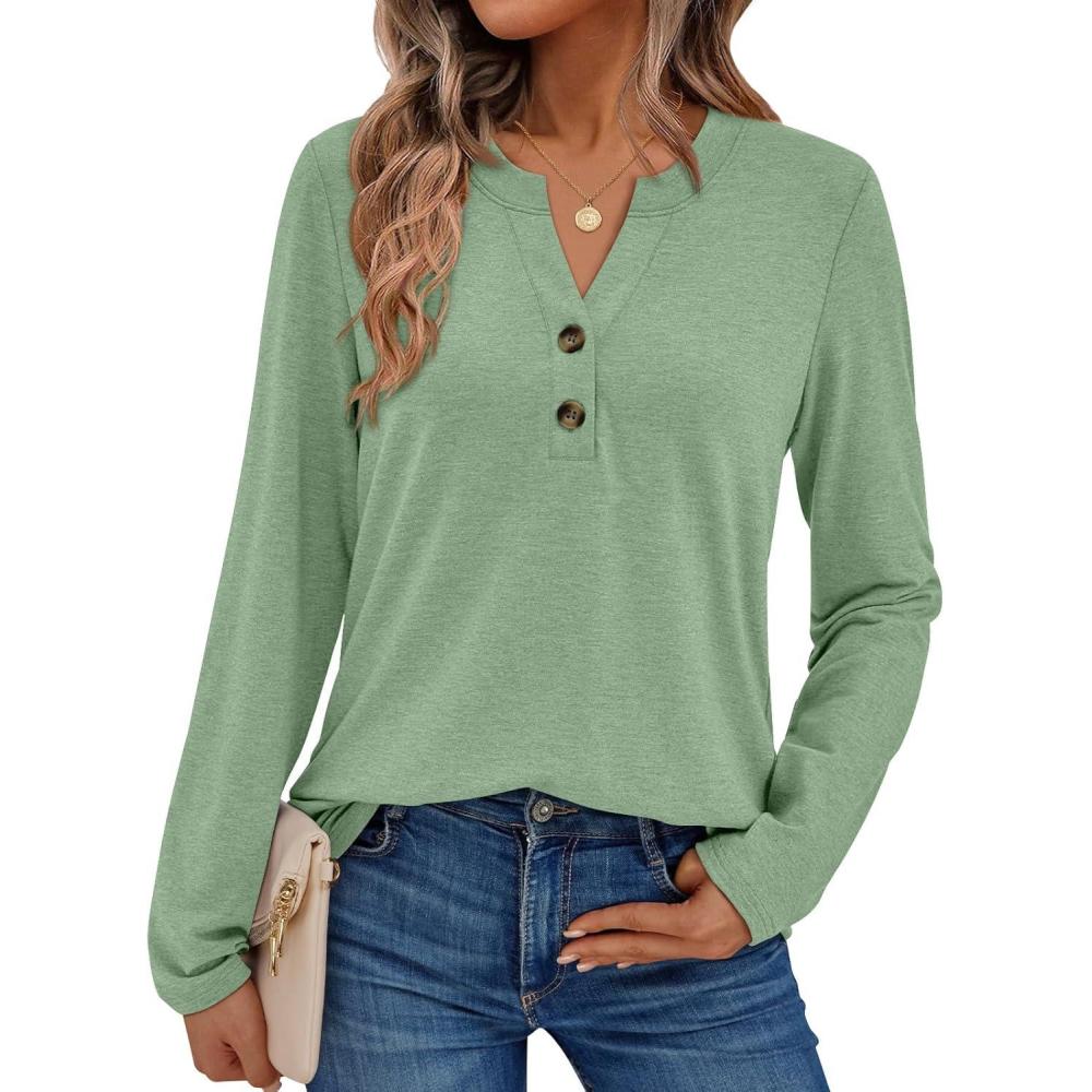 imageAUTOMET Womens Long Sleeve Shirts 2025 Fall Fashion Dressy Casual Tops Trendy Henley Blouses Cute Work Outfits ClothesLight Green