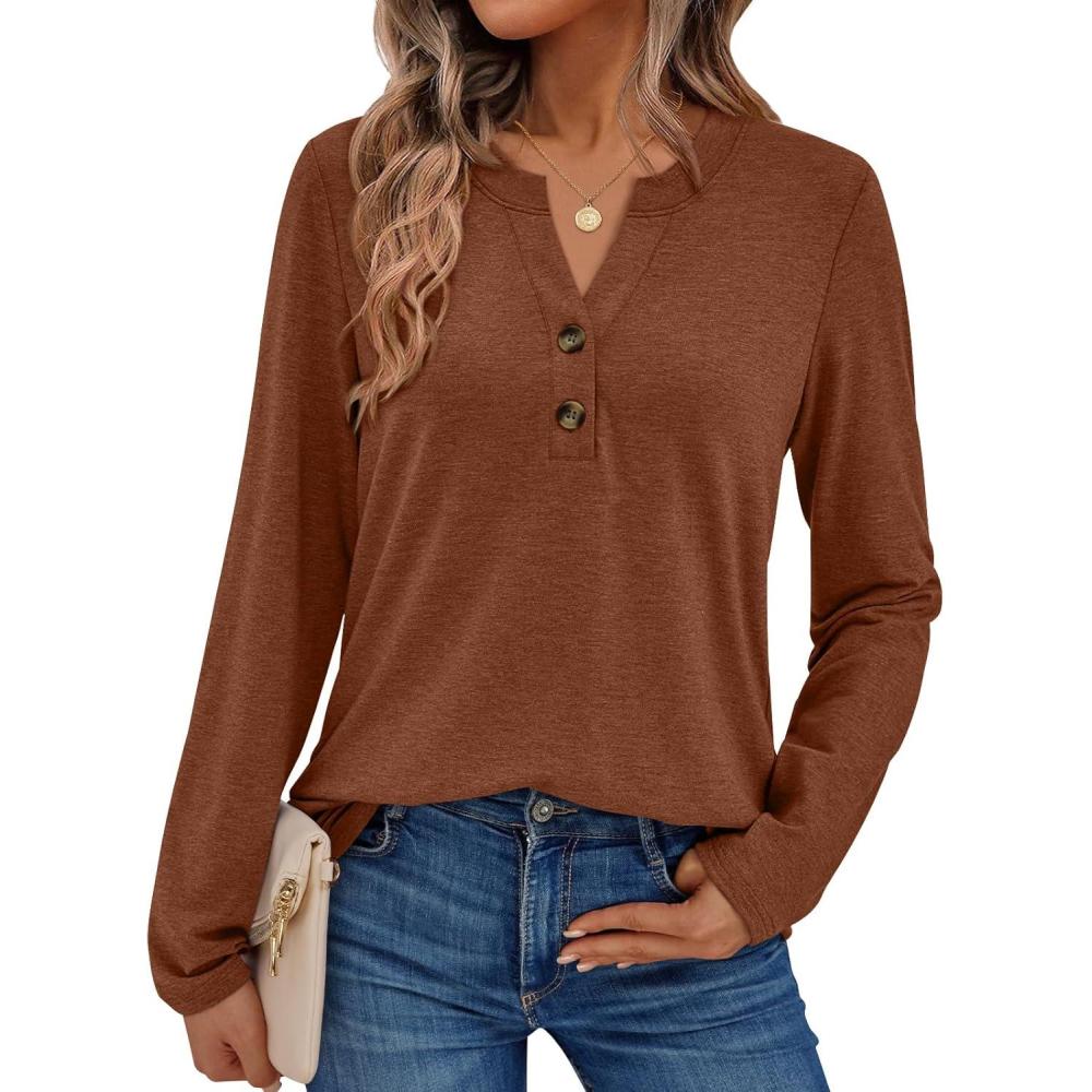 imageAUTOMET Womens Long Sleeve Shirts 2025 Fall Fashion Dressy Casual Tops Trendy Henley Blouses Cute Work Outfits ClothesMaple