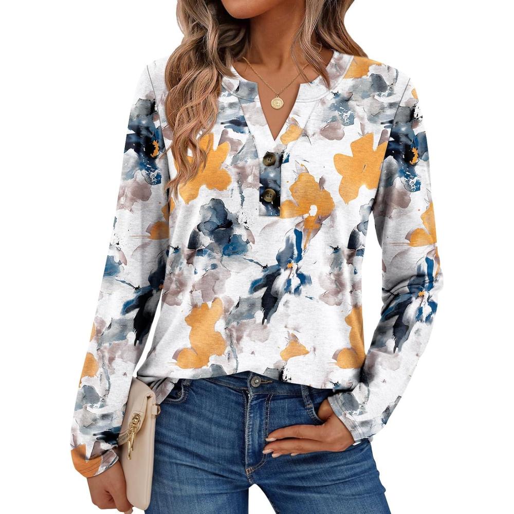 imageAUTOMET Womens Long Sleeve Shirts 2025 Fall Fashion Dressy Casual Tops Trendy Henley Blouses Cute Work Outfits ClothesMulti Watercolor