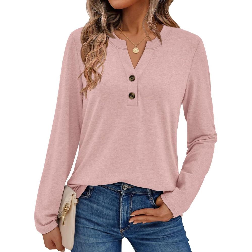 imageAUTOMET Womens Long Sleeve Shirts 2025 Fall Fashion Dressy Casual Tops Trendy Henley Blouses Cute Work Outfits ClothesPink