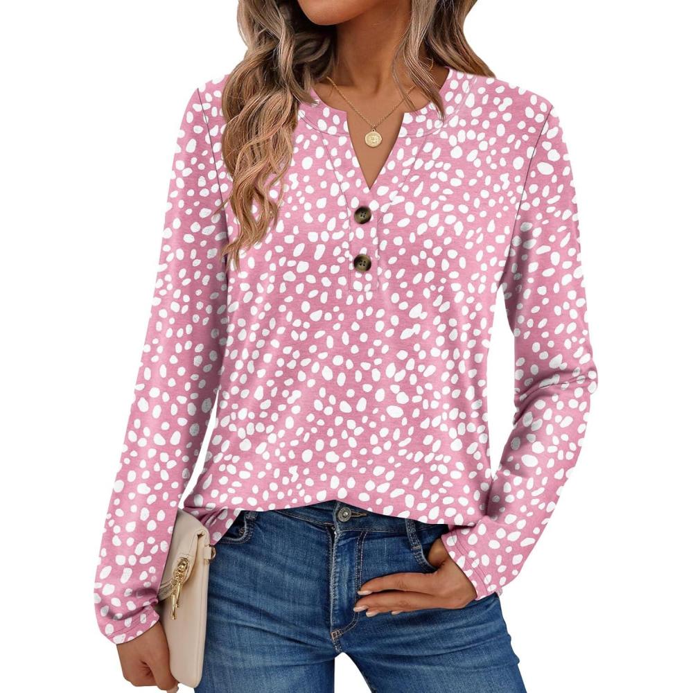 imageAUTOMET Womens Long Sleeve Shirts 2025 Fall Fashion Dressy Casual Tops Trendy Henley Blouses Cute Work Outfits ClothesPink Dots